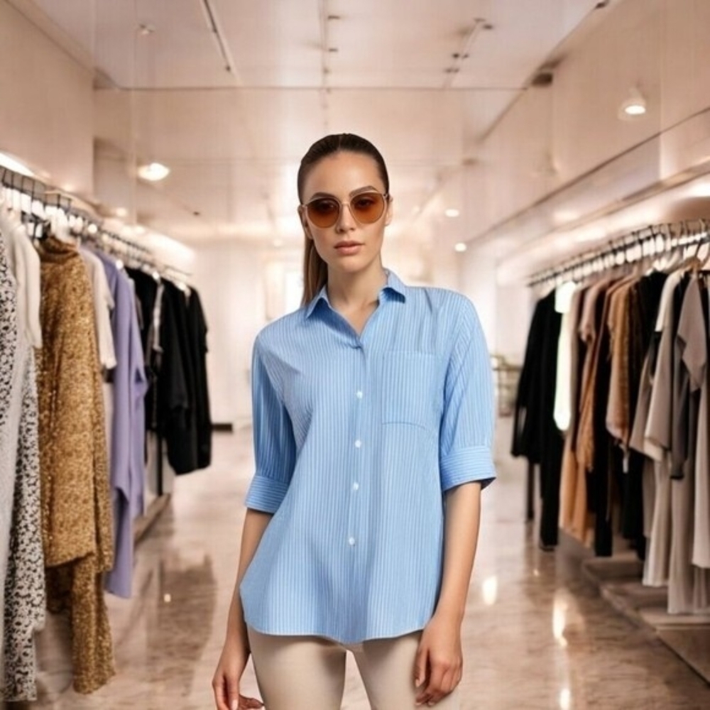 Amina Rubinacci Womens Blue Stripe Button Front Shirt 8 Cotton Cropped Sleeve VG - Picture 3 of 8